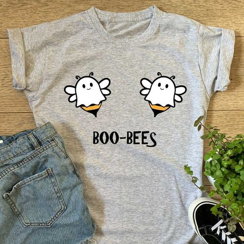 Ladies Boo Bees T-shirt - Womens Girls Funny Halloween Ghost Boobies Gift Top Birthday Christmas Gift Top