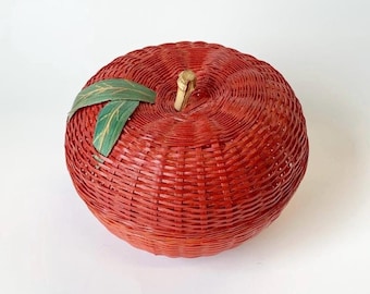 Red Woven Split Bamboo Apple Basket 1960's