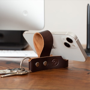 Brown Leather Keychain with Phone Stand - Multipurpose & Handmade Gift