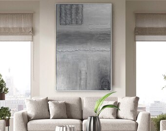 Abstract Canvas Wall Art, Grey Minimalist Painting on Canvas, Large Plain Acrylic Painting, Original Modern Room Decor Custom Wall Decor