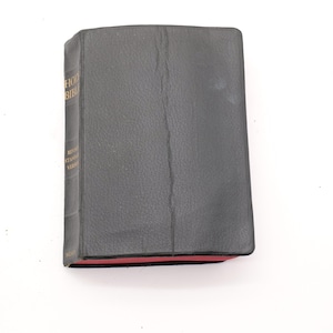 May include: A closed, dark gray Bible with gold lettering on the spine. The edges of the pages are red. The book is set against a white background.