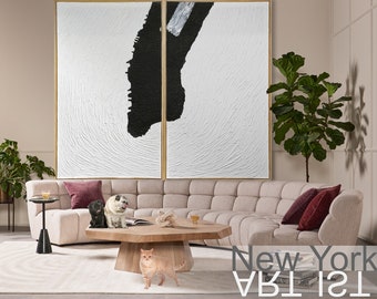3D Abstract Painting, Large Modern Black and White Abstract Painting, Texture Wall Art Modern Living Room Decor, Shape of City