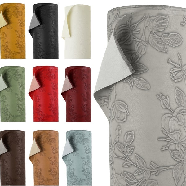 Tissu similicuir floral en relief - Matériau en vinyle PU - 140 cm 55 pouces de large - 430 g/m² au mètre - Tissu d'ameublement texturé à fleurs