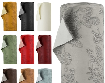 Floral Embossed Faux Leather Fabric - PU Vinyl Material - 140cm 55 Inches Wide - 430 GSM By the Metre -Textured Flower Upholstery Fabric