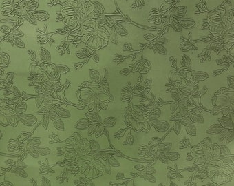 Green Floral Embossed Faux Leather Fabric - PU Vinyl Material 140cm Wide - 430 GSM By the Metre - Textured Flower Upholstery Fabric