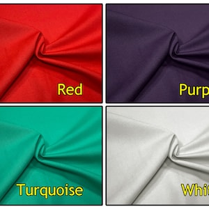 May include: Four fabric swatches in red, purple, turquoise, and white. The swatches are folded in a similar way, with the fabric draped over itself.