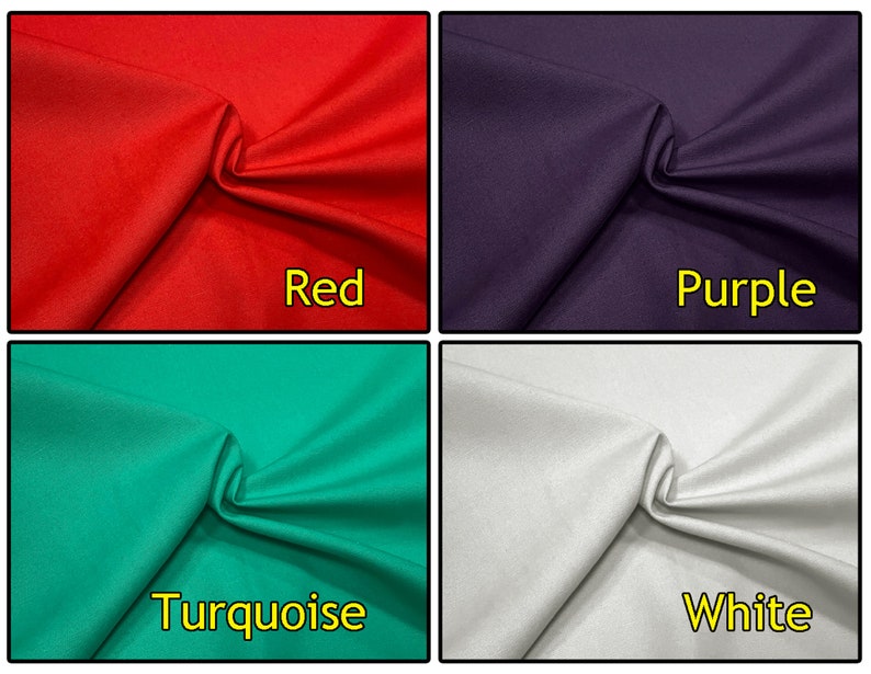 May include: Four fabric swatches in red, purple, turquoise, and white. The swatches are folded in a similar way, with the fabric draped over itself.