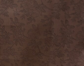 Brown Floral Embossed Faux Leather Fabric - PU Vinyl Material 140cm Wide - 430 GSM By the Metre - Textured Flower Upholstery Fabric