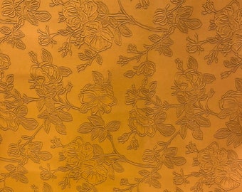 Tan Floral Embossed Faux Leather Fabric - PU Vinyl Material 140cm Wide - 430 GSM By the Metre - Textured Flower Upholstery Fabric