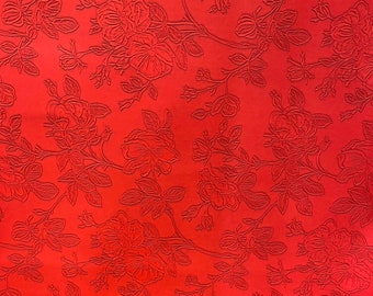 Red Floral Embossed Faux Leather Fabric - PU Vinyl Material 140cm Wide - 430 GSM By the Metre - Textured Flower Upholstery Fabric