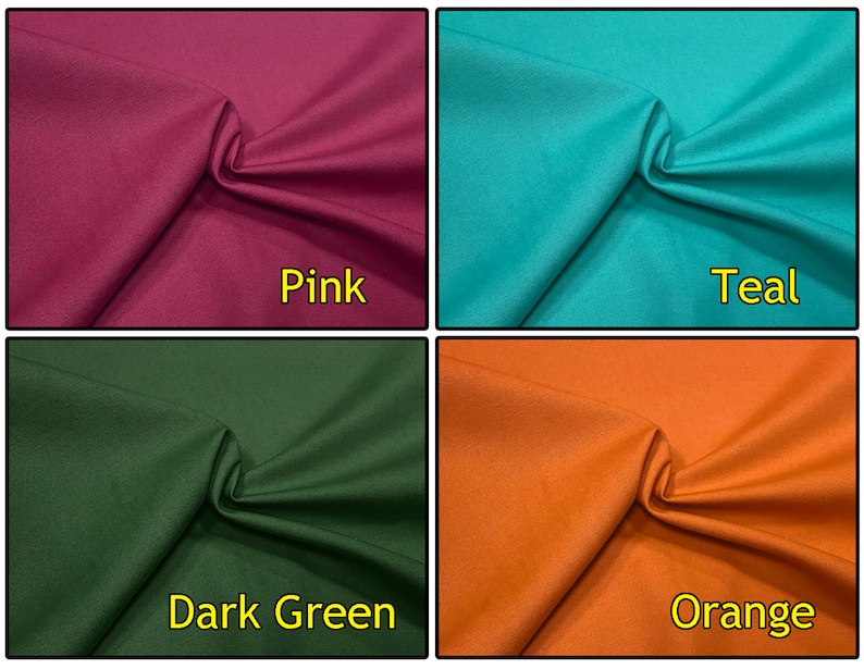 May include: Four fabric swatches in different colors: pink, teal, dark green, and orange. The fabric is smooth and has a slight sheen.