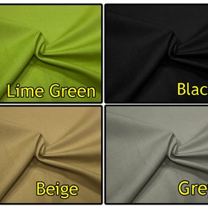May include: Four fabric swatches in different colors: lime green, black, beige, and grey.