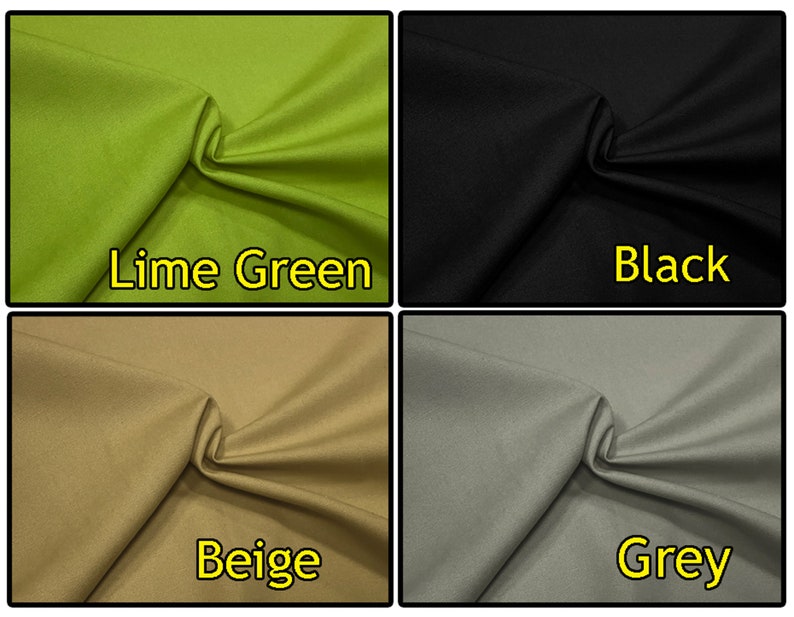 May include: Four fabric swatches in different colors: lime green, black, beige, and grey.