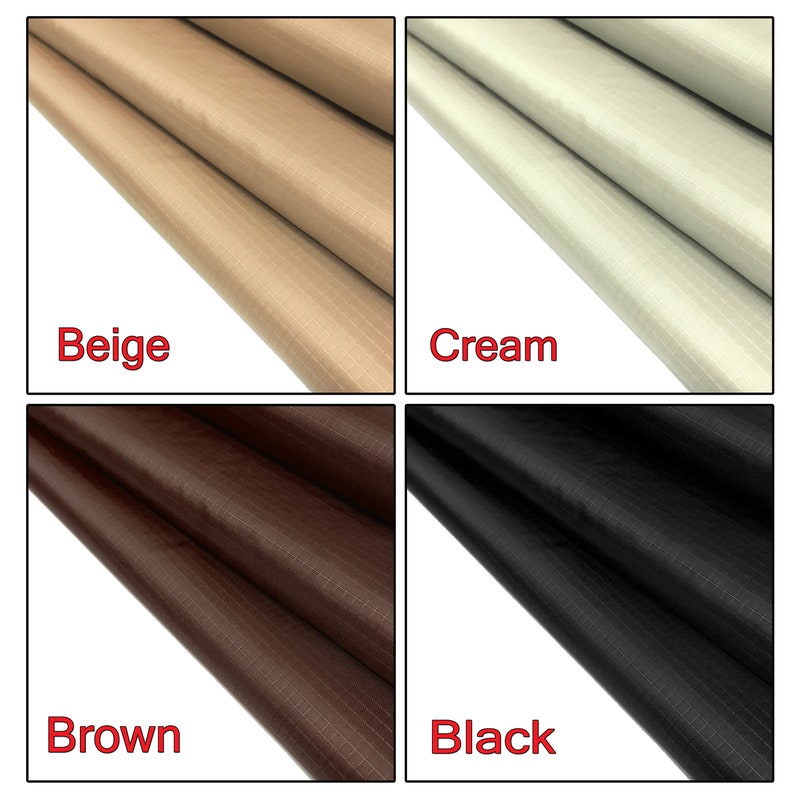 May include: Four fabric swatches in different colors: beige, cream, brown, and black. Each swatch has a textured, woven pattern.