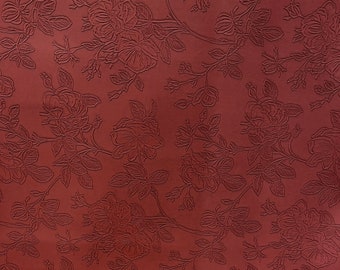 Maroon Floral Embossed Faux Leather Fabric - PU Vinyl Material 140cm Wide - 430 GSM By the Metre - Textured Flower Upholstery Fabric