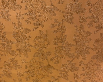 Light Brown Floral Embossed Faux Leather Fabric - PU Vinyl Material 140cm Wide - 430 GSM By the Metre - Textured Flower Upholstery Fabric