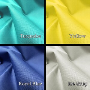 May include: Four fabric swatches in different colors: turquoise, yellow, royal blue, and ice grey. The fabric has a woven texture.