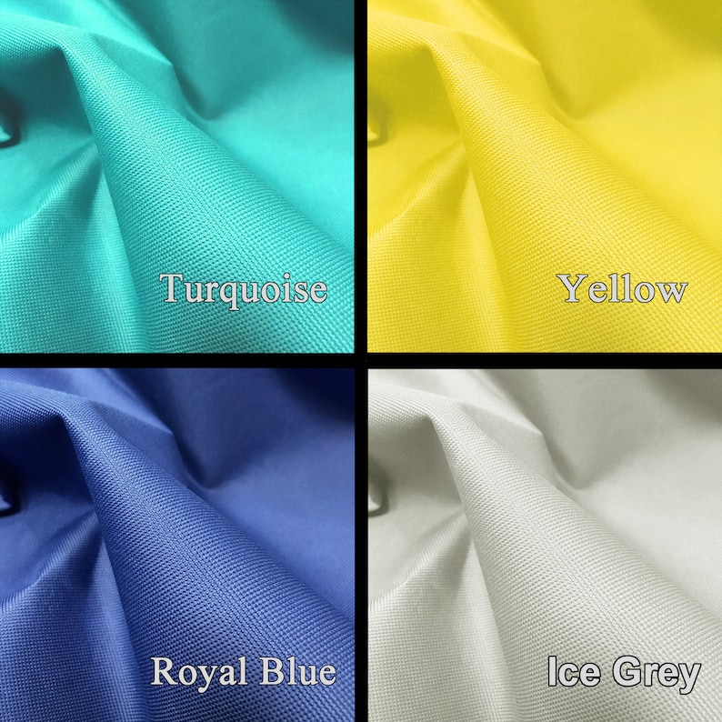 May include: Four fabric swatches in different colors: turquoise, yellow, royal blue, and ice grey. The fabric has a woven texture.