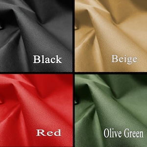 May include: Close-up of four fabric swatches in different colors: black, beige, red, and olive green. The fabric has a textured, woven appearance.