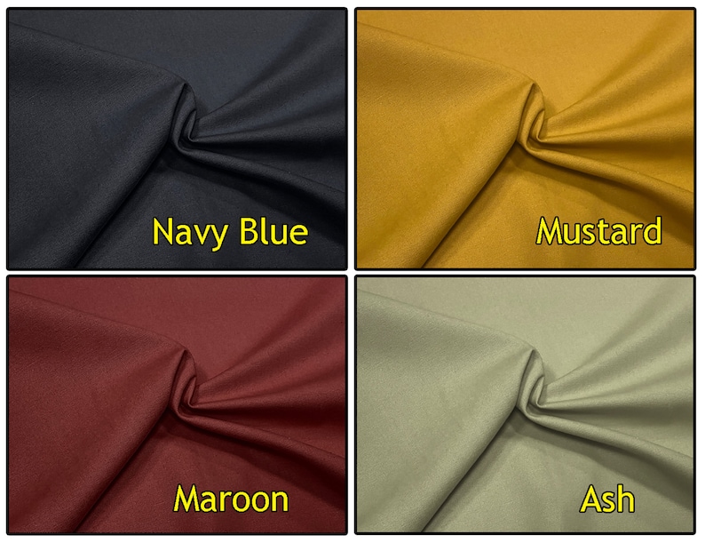 May include: Four fabric swatches in different colors: navy blue, mustard yellow, maroon, and ash gray. Each swatch is folded in half and the color name is written below it.