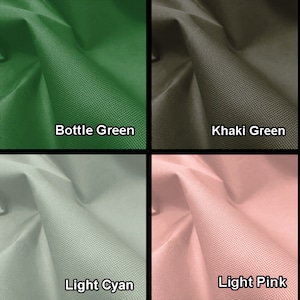 May include: Four fabric swatches in different colors: bottle green, khaki green, light cyan, and light pink.