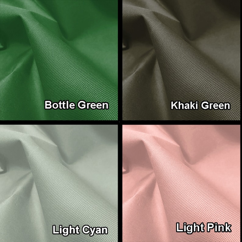 May include: Four fabric swatches in different colors: bottle green, khaki green, light cyan, and light pink.