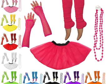 Faldas tutú Mujer Damas Niñas Gallina Adulto Neon Fancy Tutu Set 1980 80s Tallas de disfraces 6-14 y 16-26 Guantes Calentadores de piernas lisos Cuentas