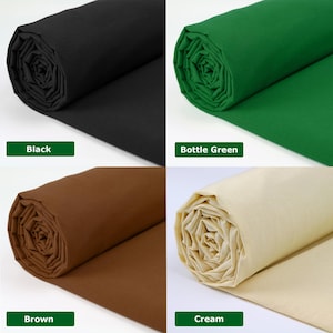 May include: Four rolls of fabric in black, bottle green, brown, and cream. Each roll is tightly wound, displaying the fabric's texture. The colors are labeled with text: "Black", "Bottle Green", "Brown", and "Cream".