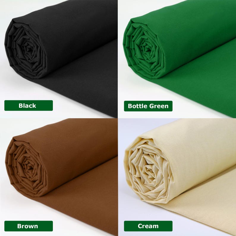 May include: Four rolls of fabric in black, bottle green, brown, and cream. Each roll is tightly wound, displaying the fabric's texture. The colors are labeled with text: "Black", "Bottle Green", "Brown", and "Cream".