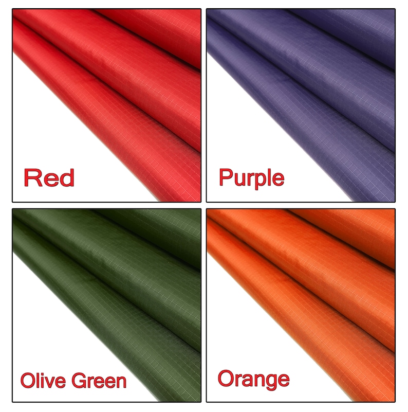 May include: Four fabric swatches in different colors: red, purple, olive green, and orange. The fabric has a woven texture.