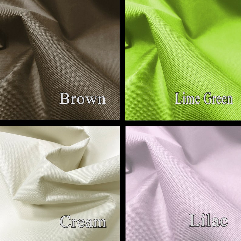 May include: Four fabric swatches in different colors: brown, lime green, cream, and lilac. The fabric has a textured weave.