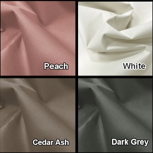 May include: Four fabric swatches in different colors: peach, white, cedar ash, and dark grey. The swatches are arranged in a grid pattern.