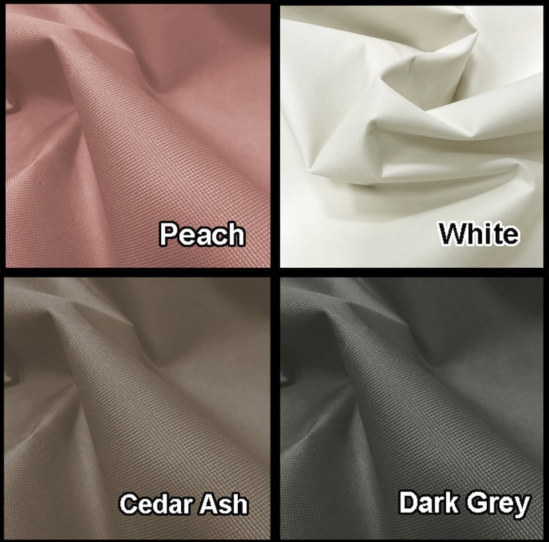 May include: Four fabric swatches in different colors: peach, white, cedar ash, and dark grey. The swatches are arranged in a grid pattern.