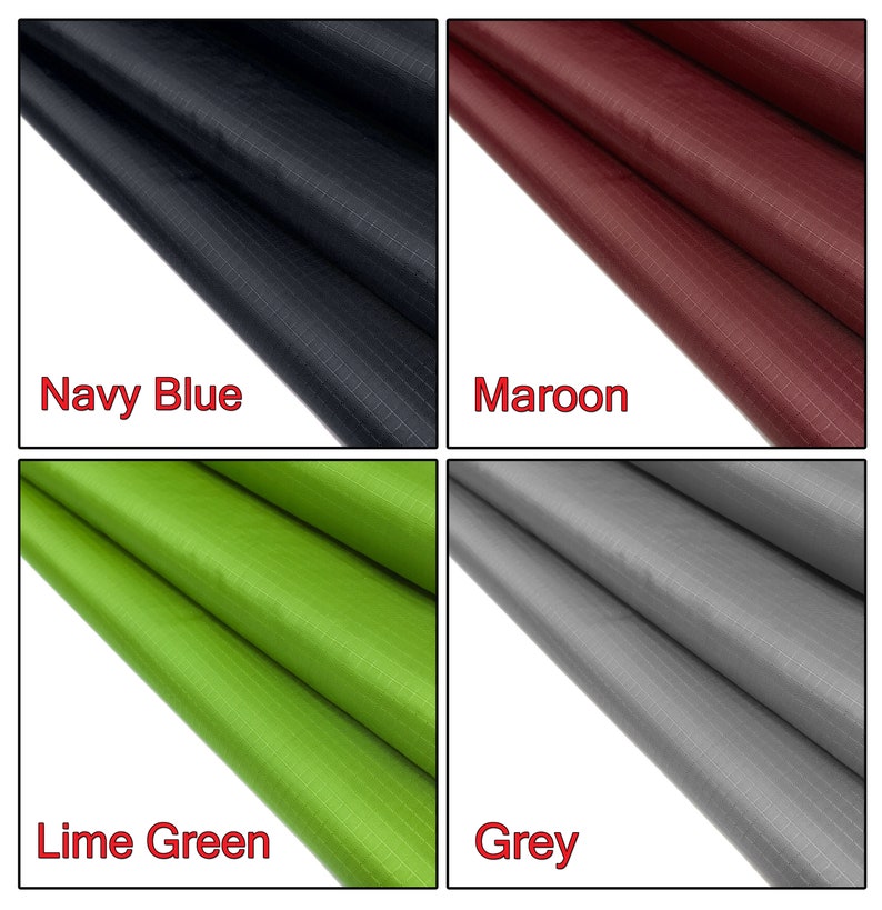 May include: Four fabric swatches in different colors: navy blue, maroon, lime green, and gray. The fabric has a subtle grid pattern.
