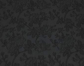 Black Floral Embossed Faux Leather Fabric - PU Vinyl Material 140cm Wide - 430 GSM By the Metre - Textured Flower Upholstery Fabric
