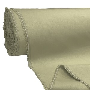 May include: A roll of light green fabric with a raw edge. The fabric is rolled up and has a fringed edge.