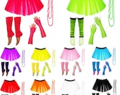 Tutu Skirts Women Ladies Girls Hen Adult Neon Fancy Tutu Set 1980 80s Costume Sizes 6-14 16-26 Gloves Striped Leg Warmers Beads