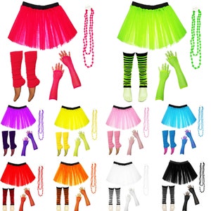Tutu Skirts Women Ladies Girls Hen Adult Neon Fancy Tutu Set 1980 80s Costume Sizes 6-14 & 16-26 Gloves Striped Leg Warmers Beads
