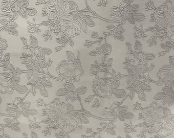 Grey Floral Embossed Faux Leather Fabric - PU Vinyl Material 140cm Wide - 430 GSM By the Metre - Textured Flower Upholstery Fabric