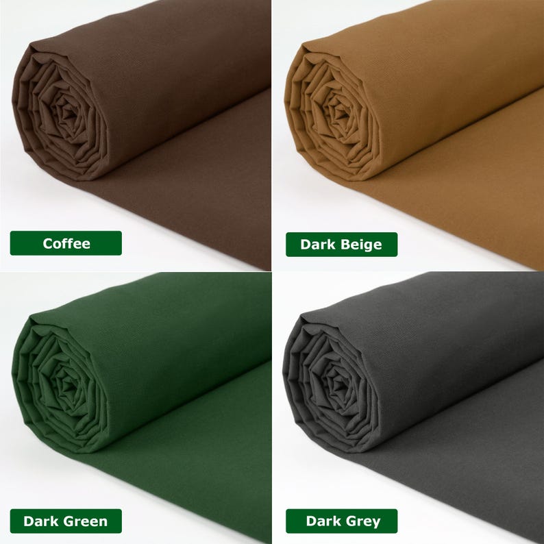 May include: Four rolls of fabric in various colors: coffee brown, dark beige, dark green, and dark grey. Each roll is tightly wound, displaying the fabric's texture. Color labels are present below each roll.