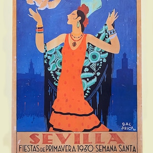 1930 Vintage Spanish Poster (W 13.25in H 19.25in) of Seville Fair (Feria) and Holy Week (Semana Santa). Flamenco Flapper with birds-Triana