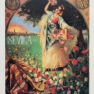 Vintage Spanish Poster (W 13.25 in H 19.25 in) of Seville Fair (Feria de Sevilla): Woman with Guitar and Flowers. Circa 1920s