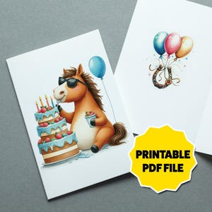 Karte zum Geburtstag, Pferd essen Kuchen, DIGITAL DOWNLOAD Karte, Karte, Geburtstagskarte, Karte, Geburtstagskind, Karte, Doppel, 12,5 x 18 cm