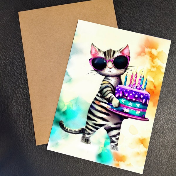 Cool Cat Birthday Card Watercolor, cat lover birthday, cute cat birthday card