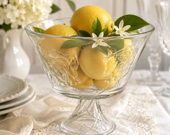 Vintage Pressed Glass Pedestal Bowl: Floral Motif Compote Dessert Dish