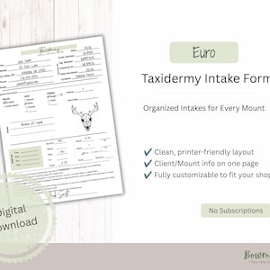 Utskrivbart formulär för intag av europeiskt bergsdjur | Beställningsformulär för skallrengöring | Kundformulär för taxidermi, PDF-nedladdning