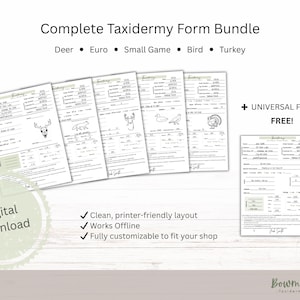Op de afbeelding: Een digitale downloadbundel met taxidermieformulieren. De formulieren omvatten Hert, Euro, Klein Wild, Vogel en Kalkoen. De formulieren hebben een overzichtelijke, printervriendelijke lay-out en zijn volledig aanpasbaar. Inclusief een gratis universeel formulier.