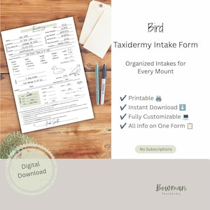 May include: A white paper bird taxidermy intake form with black text and line drawings of a duck and a bird. The form includes fields for customer details, mount specifications, and pricing. Two pens and two blank tags are placed next to the document.