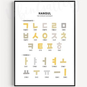 Basic koreanische, gelb neutral grau koreanischen Druck, koreanische Konsonanten und Vokale, koreanisches Alphabet, Hangul Poster, zweisprachiges Poster, koreanische ABC