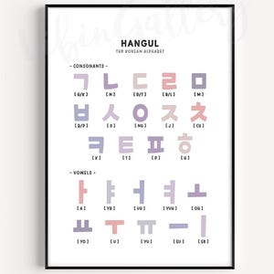 Basic Koreanisch, Lila koreanische Lernsprache Wanddruck, koreanische Konsonanten und Vokale, Hangul Poster, koreanische ABC, koreanische Alphabet Chart
